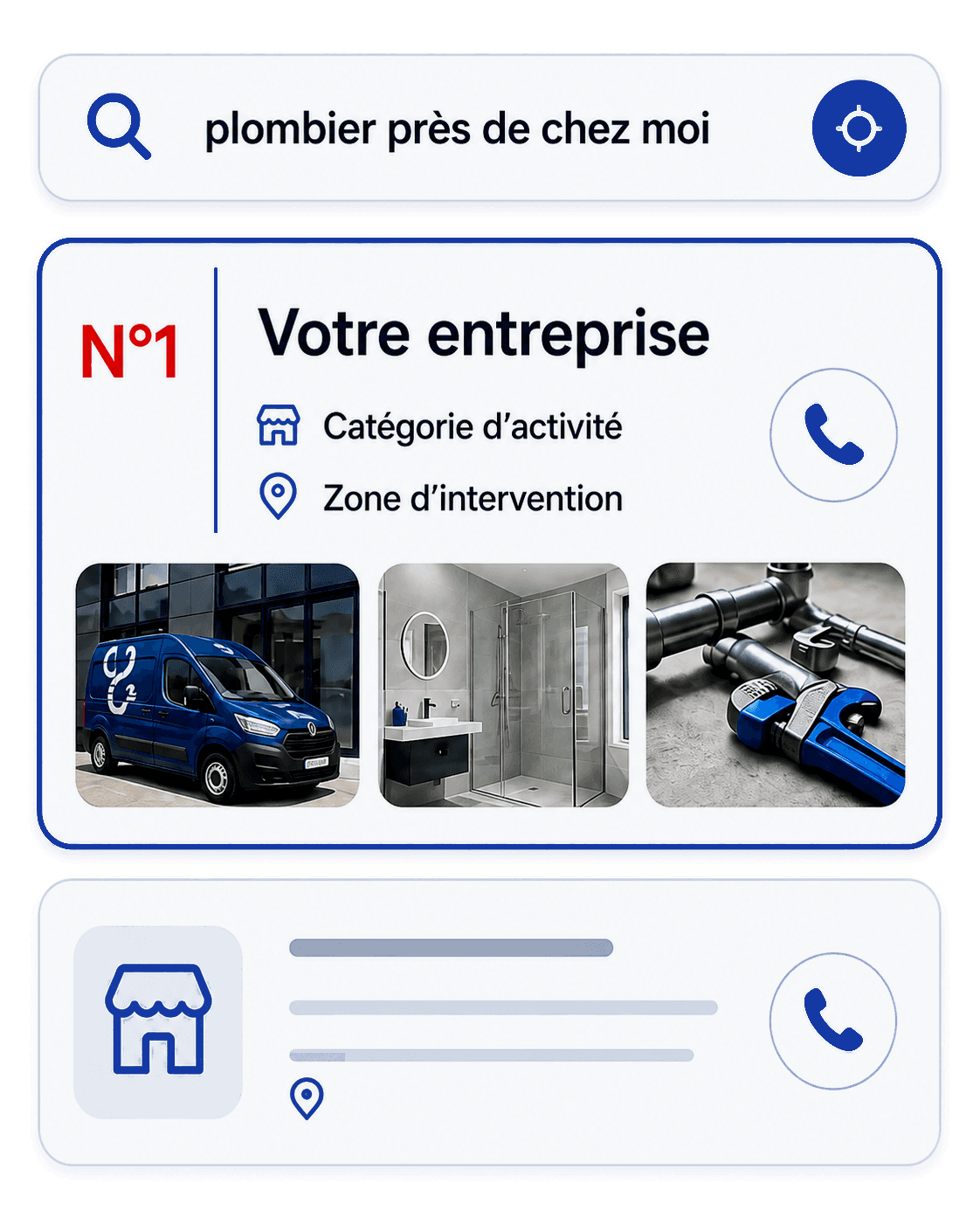 Une recherche Google « plombier près de chez moi » : sous la barre de recherche, une carte du quartier et la liste des résultats, où la fiche « Votre entreprise » occupe la première position, avec ses photos de chantier et son bouton d’appel.