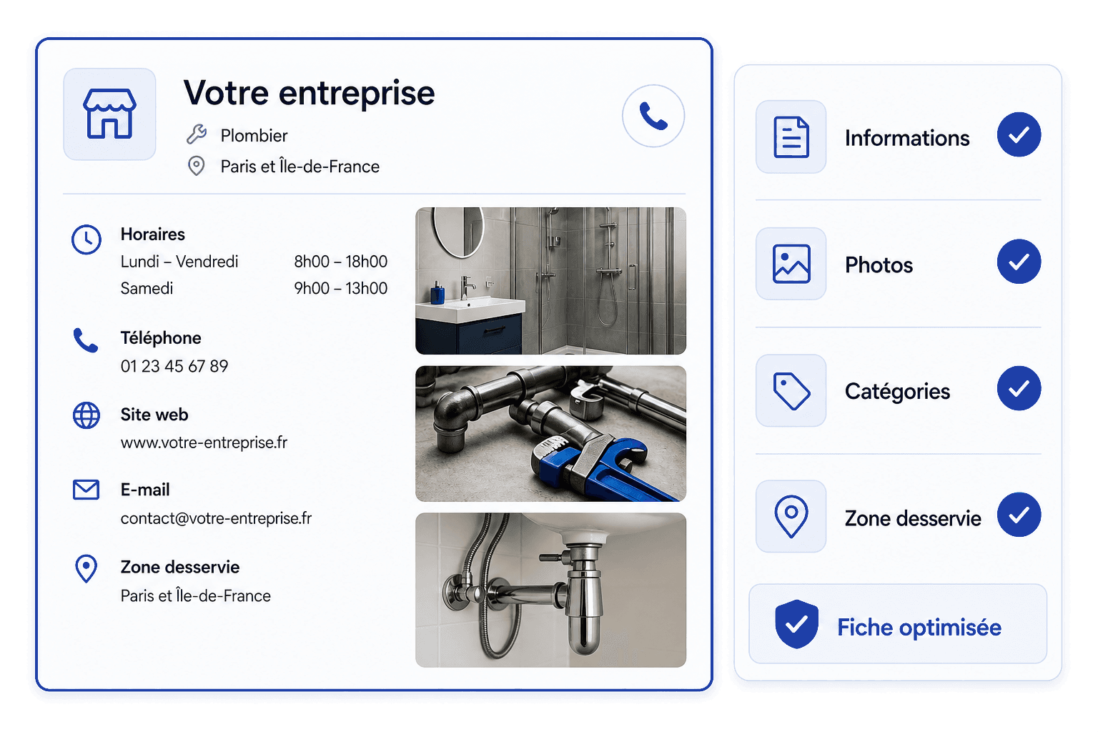 Une fiche d’établissement Google complétée : horaires d’ouverture, téléphone, site web, e-mail, zone desservie et photos de réalisations. À côté, la liste des éléments travaillés, informations, photos, catégories et zone desservie, tous cochés, et la mention « Fiche optimisée ».