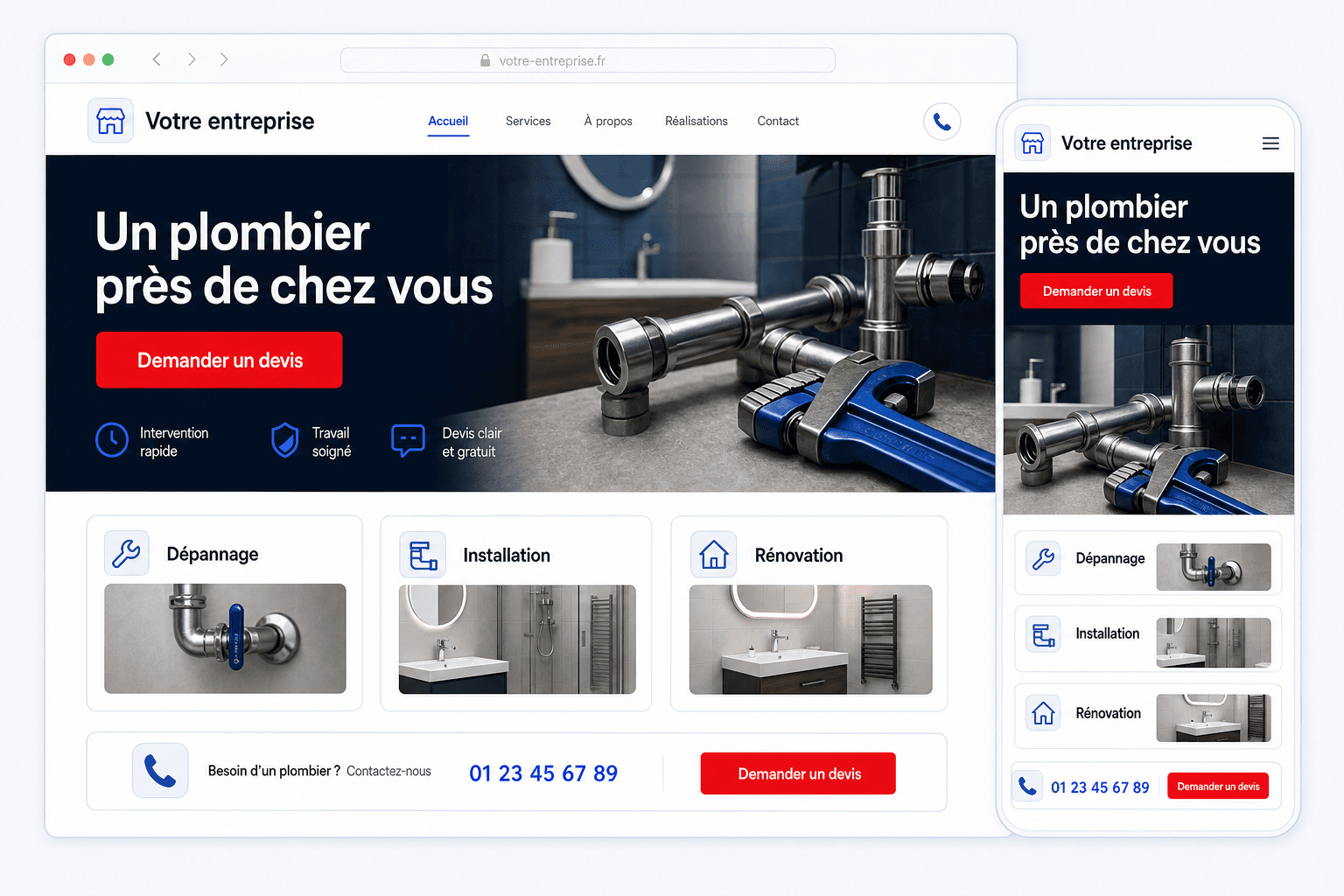 Un site internet d’artisan présenté sur ordinateur et sur téléphone : une page d’accueil avec son bouton de demande de devis, trois services présentés en cartes, et le numéro de téléphone mis en évidence.
